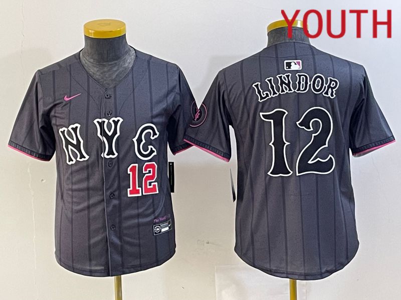 Youth New York Mets #12 Lindor Black City Edition 2024 Nike MLB Jersey style 3->youth mlb jersey->Youth Jersey
